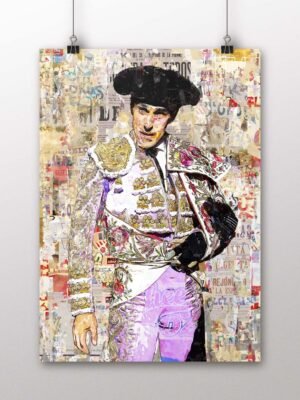 Póster vertical de Alejandro Talavante con traje blanco, dorado y violeta sobre un fondo de collage taurino., arte taurino poster