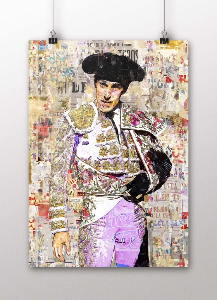 Póster vertical de Alejandro Talavante con traje blanco, dorado y violeta sobre un fondo de collage taurino., arte taurino poster