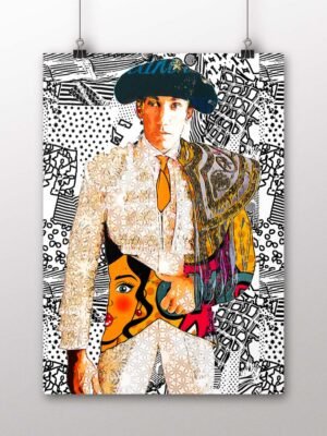 Póster vertical de David de Miranda con montera y traje de luces claro sobre un fondo de ilustraciones taurinas de estilo pop, arte taurino poster