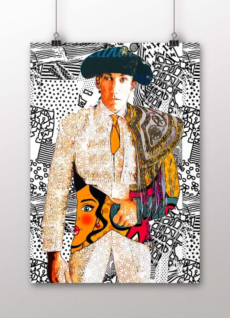 Póster vertical de David de Miranda con montera y traje de luces claro sobre un fondo de ilustraciones taurinas de estilo pop, arte taurino poster