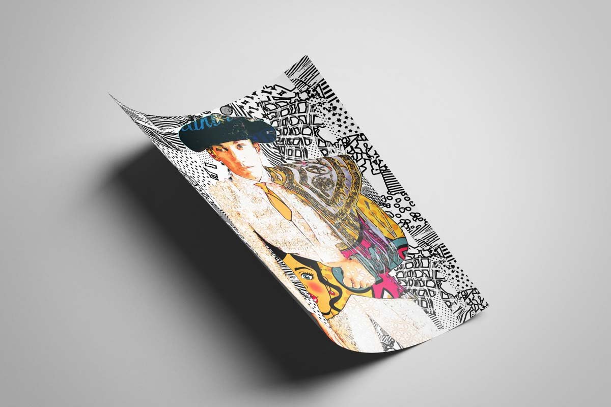 Póster vertical de David de Miranda con montera y traje de luces claro sobre un fondo de ilustraciones taurinas de estilo pop
