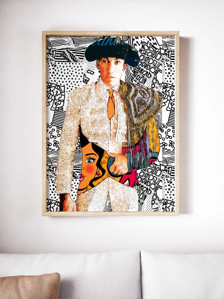 Póster vertical de David de Miranda con montera y traje de luces claro sobre un fondo de ilustraciones taurinas de estilo pop, arte taurino poster
