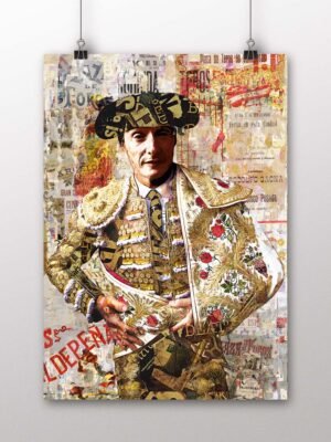Póster vertical de Diego Urdiales con montera e indumentaria dorada ante un fondo de carteles taurinos en collage., arte taurino poster