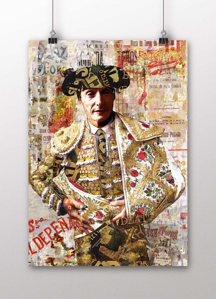 Póster vertical de Diego Urdiales con montera e indumentaria dorada ante un fondo de carteles taurinos en collage., arte taurino poster
