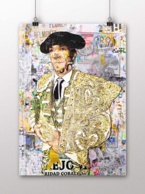 Póster vertical del torero El Cid con montera e indumentaria dorada ante un fondo de cartelería taurina en collage., arte taurino poster