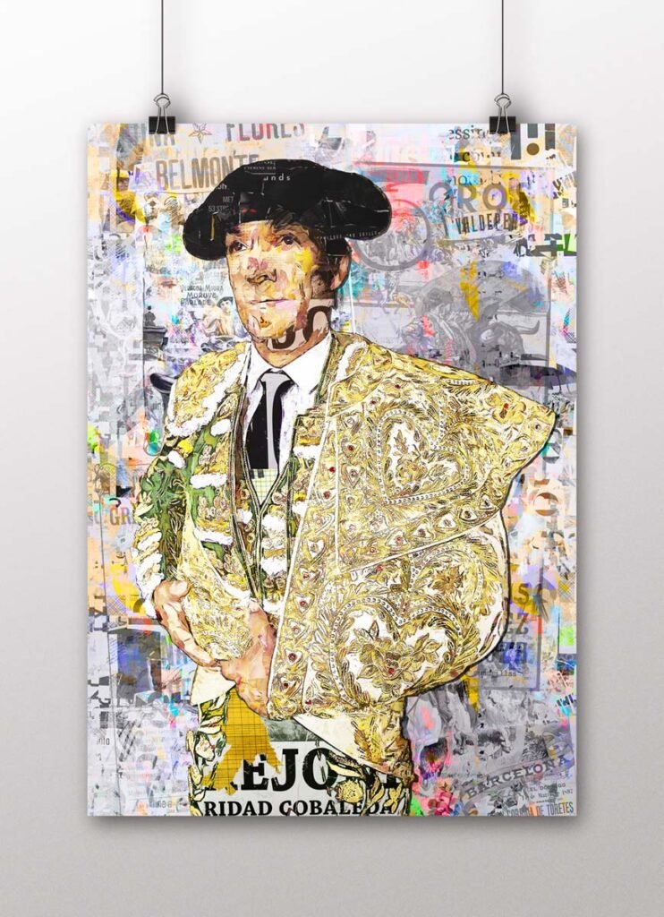 Póster vertical del torero El Cid con montera e indumentaria dorada ante un fondo de cartelería taurina en collage., arte taurino poster