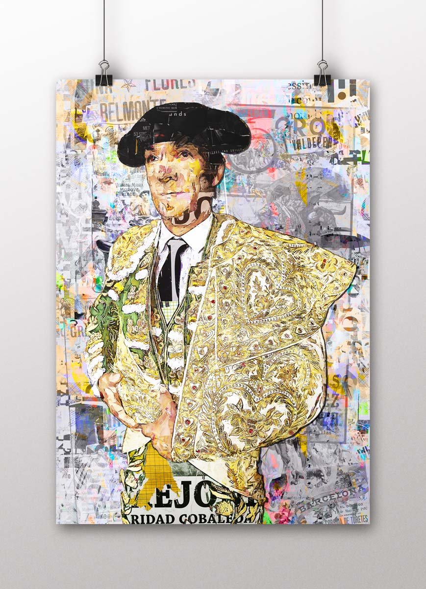 Póster vertical del torero El Cid con montera e indumentaria dorada ante un fondo de cartelería taurina en collage., arte taurino poster