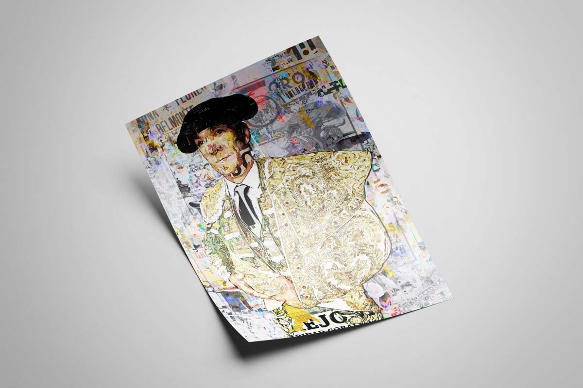 Póster vertical del torero El Cid con montera e indumentaria dorada ante un fondo de cartelería taurina en collage.