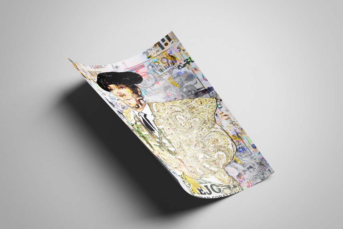 Póster vertical del torero El Cid con montera e indumentaria dorada ante un fondo de cartelería taurina en collage.