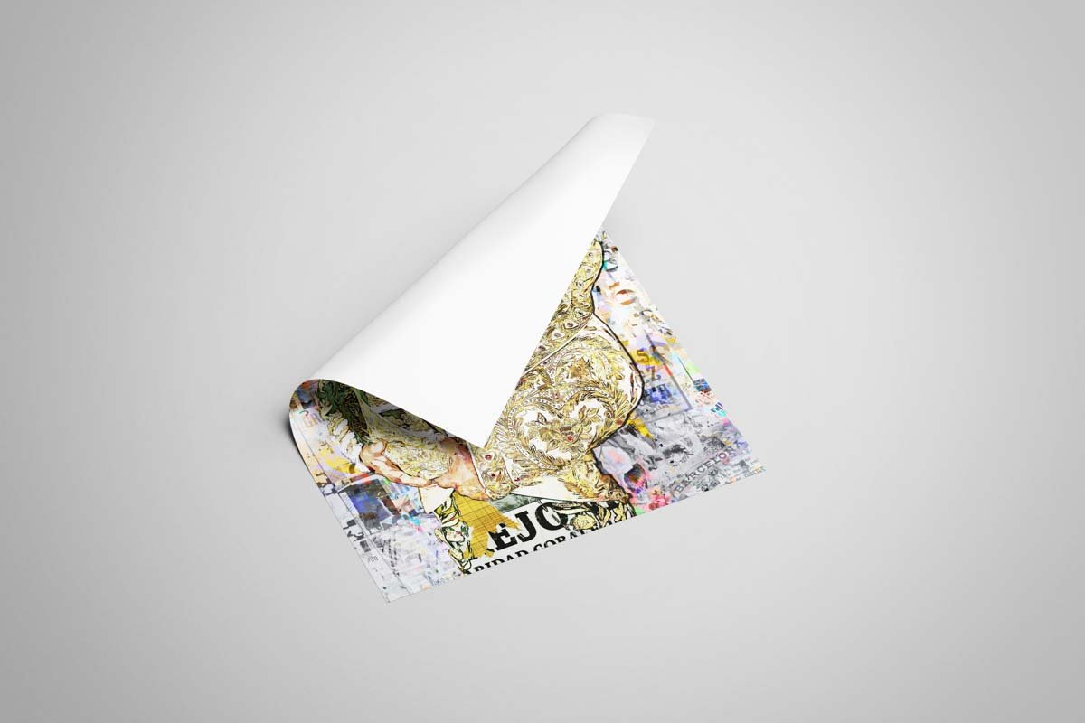 Póster vertical del torero El Cid con montera e indumentaria dorada ante un fondo de cartelería taurina en collage.