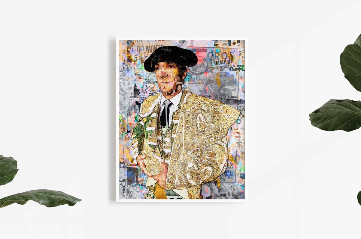 Póster vertical del torero El Cid con montera e indumentaria dorada ante un fondo de cartelería taurina en collage.