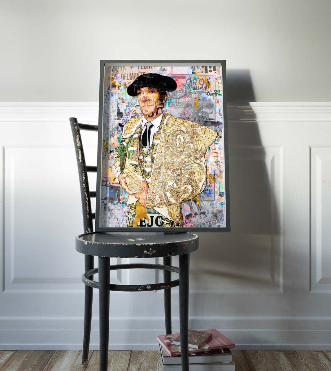 Póster vertical del torero El Cid con montera e indumentaria dorada ante un fondo de cartelería taurina en collage, arte taurino poster