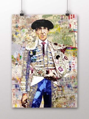 Póster vertical de Jiménez Fortes con montera y traje de luces claro ante un fondo de cartelería taurina en collage, arte taurino poster