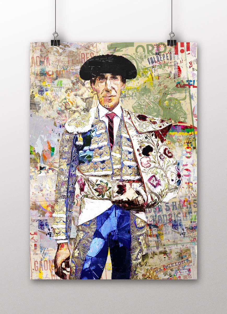 Póster vertical de Jiménez Fortes con montera y traje de luces claro ante un fondo de cartelería taurina en collage, arte taurino poster