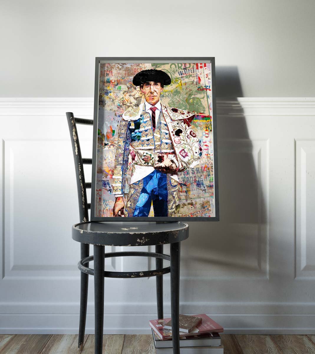 Póster vertical de Jiménez Fortes con montera y traje de luces claro ante un fondo de cartelería taurina en collage, arte taurino poster