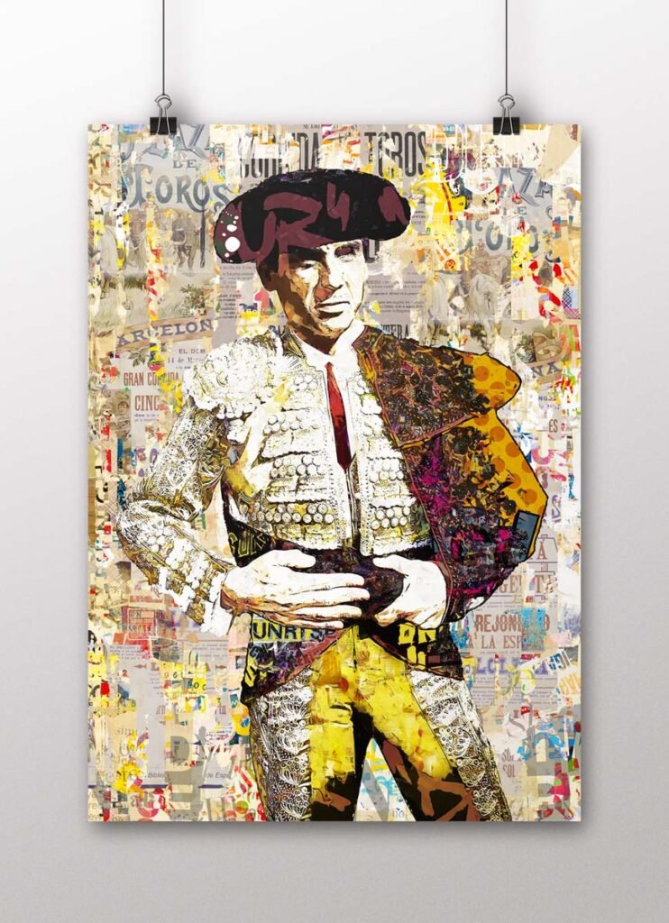 Póster vertical de Juan Ortega con traje de luces blanco y amarillo sobre un fondo de collage taurino, arte taurino poster