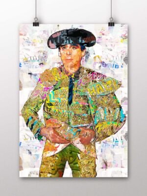 Póster vertical de Juan Ortega con montera y traje de luces multicolor sobre un fondo claro de collage taurino, arte taurino poster