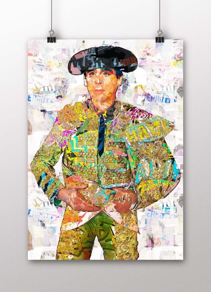 Póster vertical de Juan Ortega con montera y traje de luces multicolor sobre un fondo claro de collage taurino, arte taurino poster