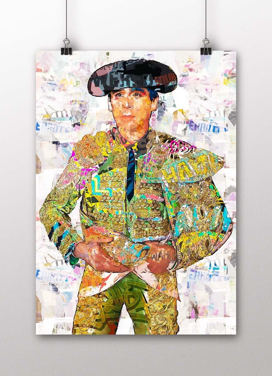 Póster vertical de Juan Ortega con montera y traje de luces multicolor sobre un fondo claro de collage taurino, arte taurino poster