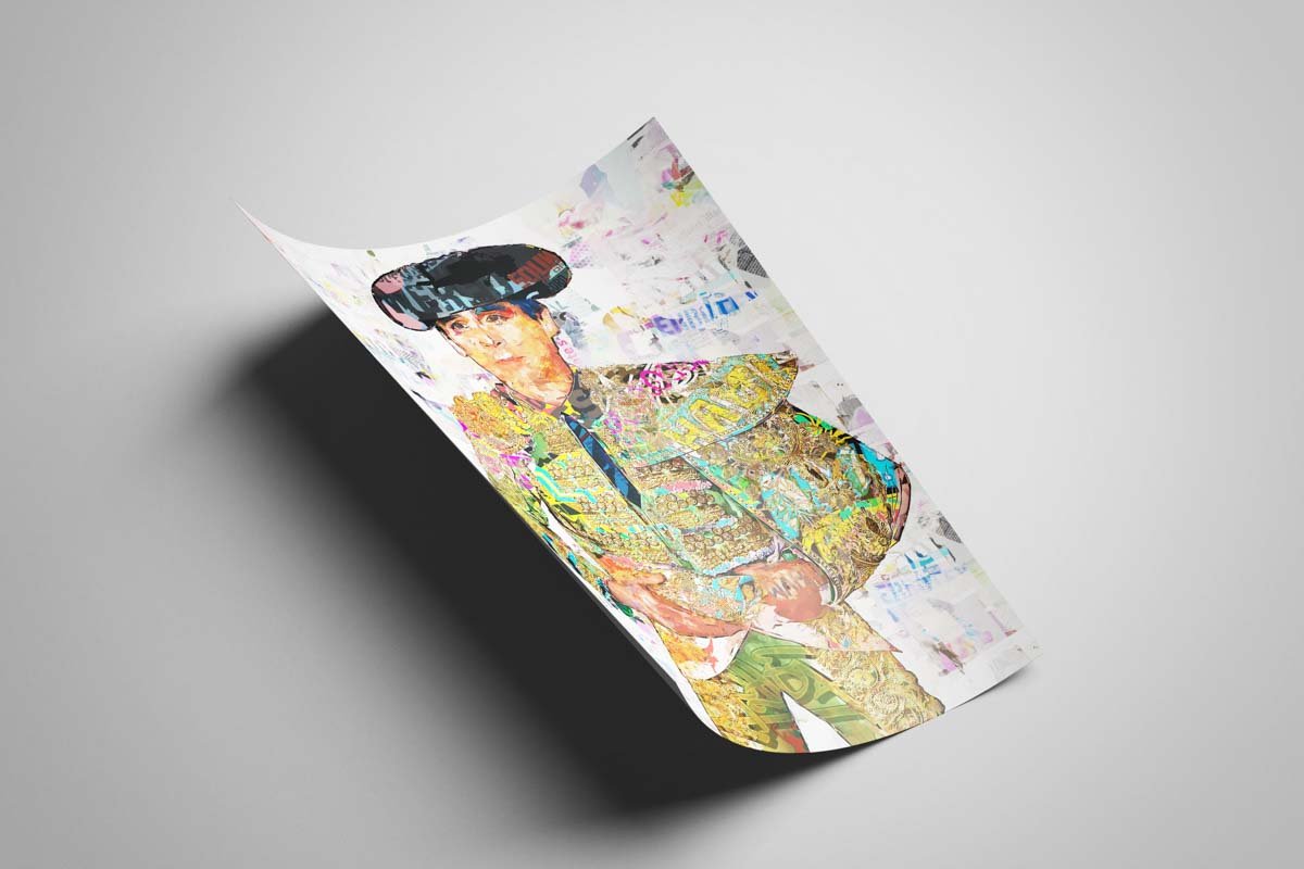 Póster vertical de Juan Ortega con montera y traje de luces multicolor sobre un fondo claro de collage taurino.