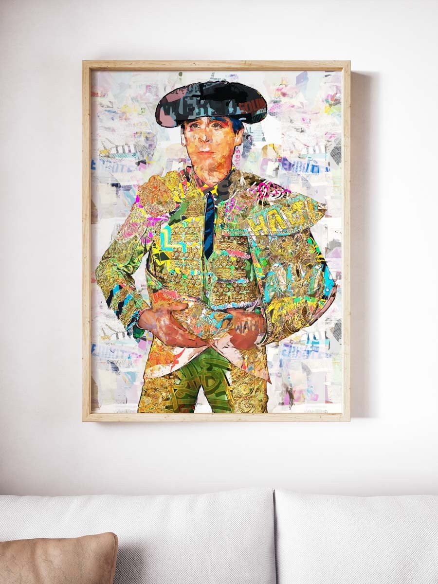 Póster vertical de Juan Ortega con montera y traje de luces multicolor sobre un fondo claro de collage taurino.