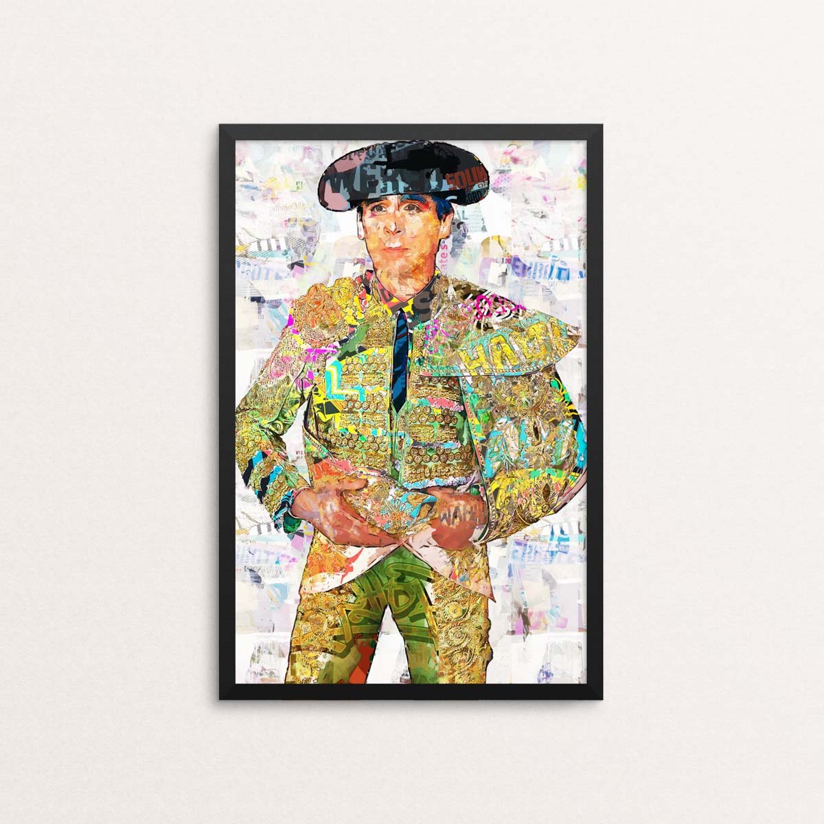 Póster vertical de Juan Ortega con montera y traje de luces multicolor sobre un fondo claro de collage taurino.