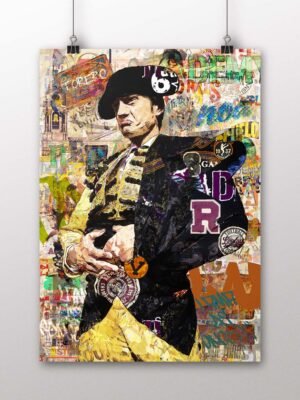 Póster vertical de Lama de Góngora vestido en tonos negros, dorados y amarillos sobre un fondo de collage taurino. Lamina decorativa, arte taurino poster