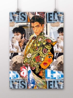 Póster vertical de Marco Pérez con traje taurino verde y dorado sobre un fondo de collage y arte pop, arte taurino poster