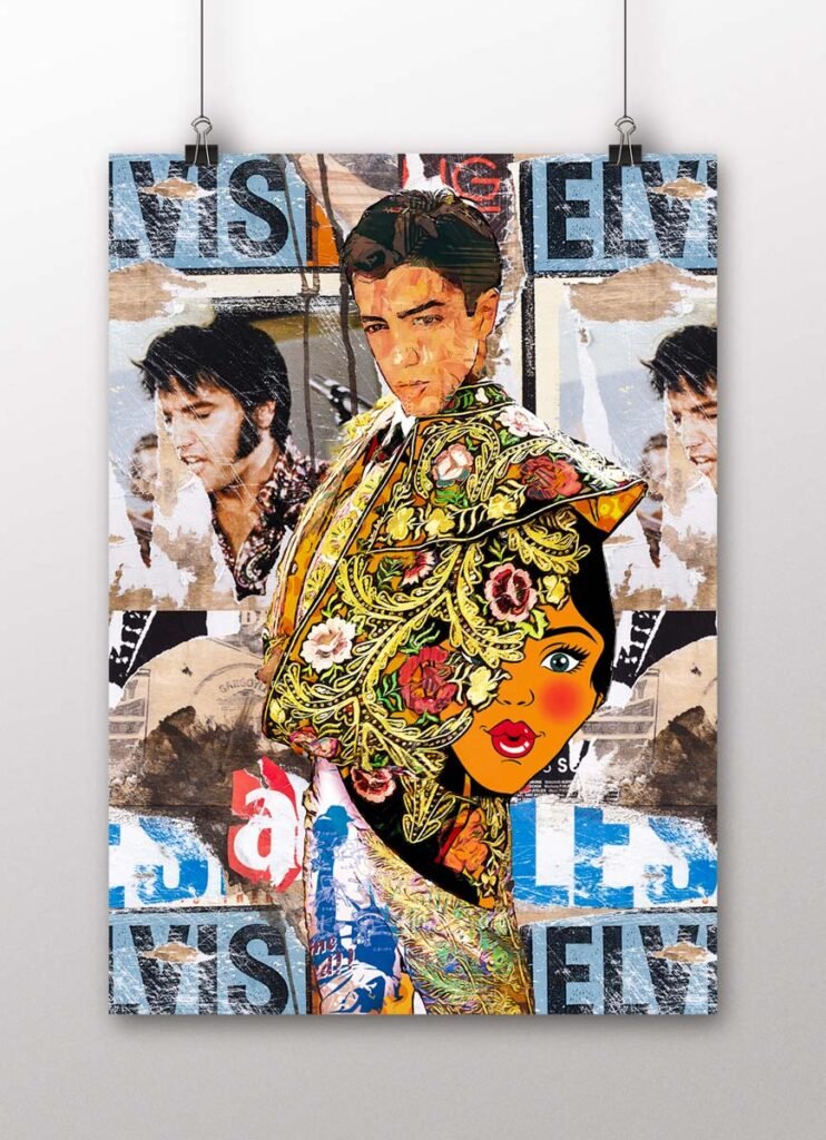 Póster vertical de Marco Pérez con traje taurino verde y dorado sobre un fondo de collage y arte pop, arte taurino poster