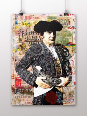 Póster vertical de Morante de la Puebla con traje taurino negro sobre un fondo de carteles y collage, arte taurino poster