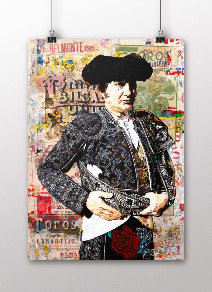 Póster vertical de Morante de la Puebla con traje taurino negro sobre un fondo de carteles y collage, arte taurino poster