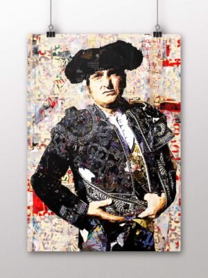Póster vertical de Morante de la Puebla vestido en tonos negros sobre un fondo claro de collage taurino, arte taurino poster