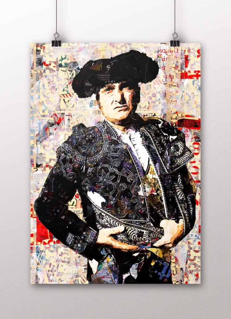Póster vertical de Morante de la Puebla vestido en tonos negros sobre un fondo claro de collage taurino, arte taurino poster