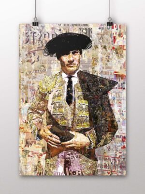Póster vertical de Pablo Aguado con indumentaria taurina dorada y negra sobre un fondo de collage, arte taurino poster