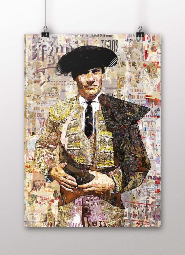 Póster vertical de Pablo Aguado con indumentaria taurina dorada y negra sobre un fondo de collage, arte taurino poster