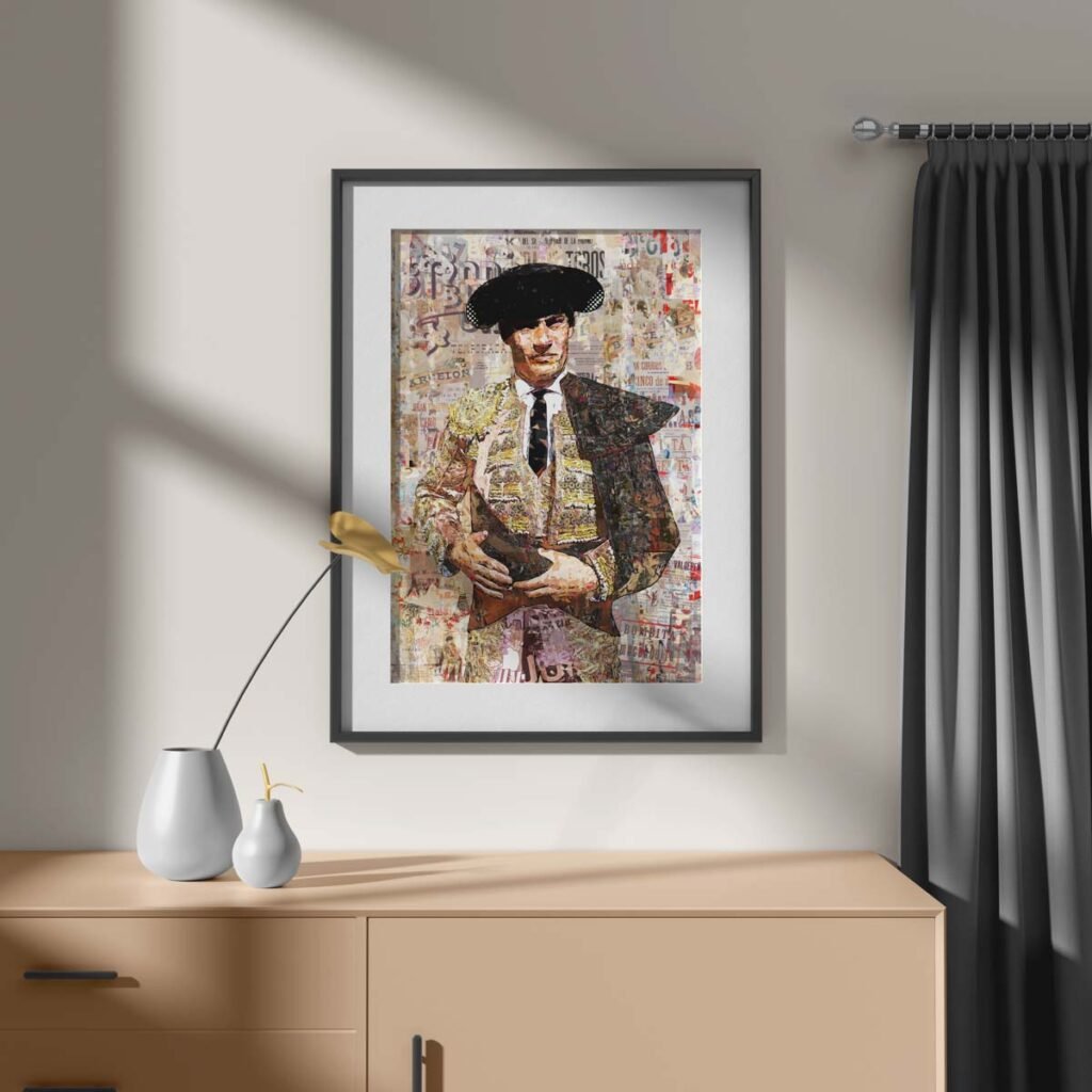 Póster vertical de Pablo Aguado con indumentaria taurina dorada y negra sobre un fondo de collage, arte taurino poster