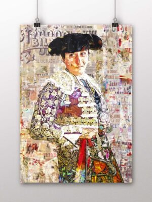 Póster vertical de Roca Rey con traje taurino bordado en oro y colores sobre un fondo de collage, arte taurino poster