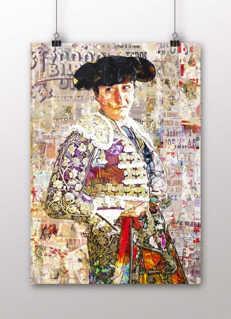 Póster vertical de Roca Rey con traje taurino bordado en oro y colores sobre un fondo de collage, arte taurino poster