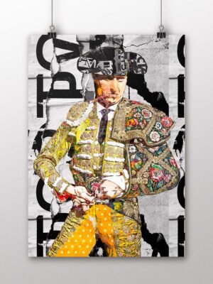 Póster vertical de Roca Rey con traje taurino dorado y amarillo sobre un fondo gráfico en blanco y negro, arte taurino poster
