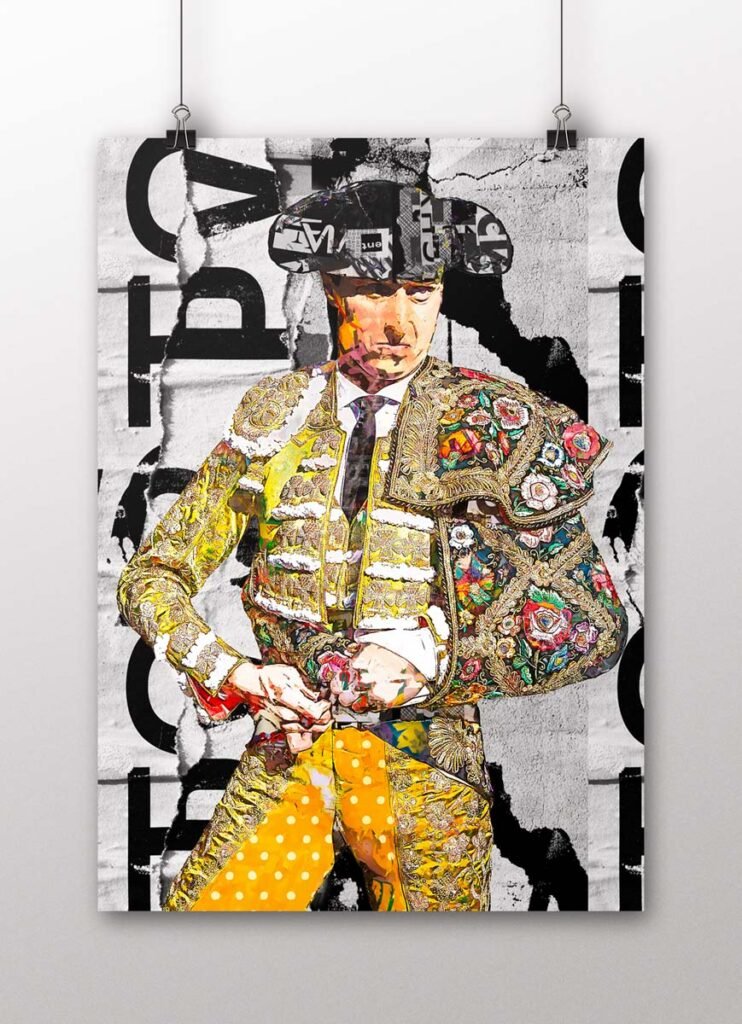 Póster vertical de Roca Rey con traje taurino dorado y amarillo sobre un fondo gráfico en blanco y negro, arte taurino poster