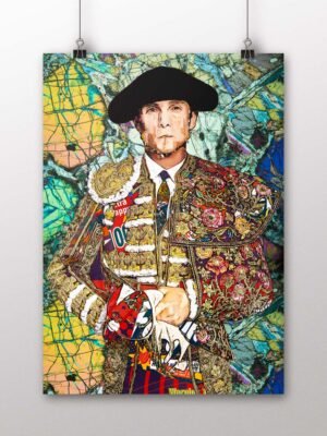 Póster vertical de Sebastián Castella con traje taurino bordado sobre un fondo abstracto de líneas y colores, arte taurino poster