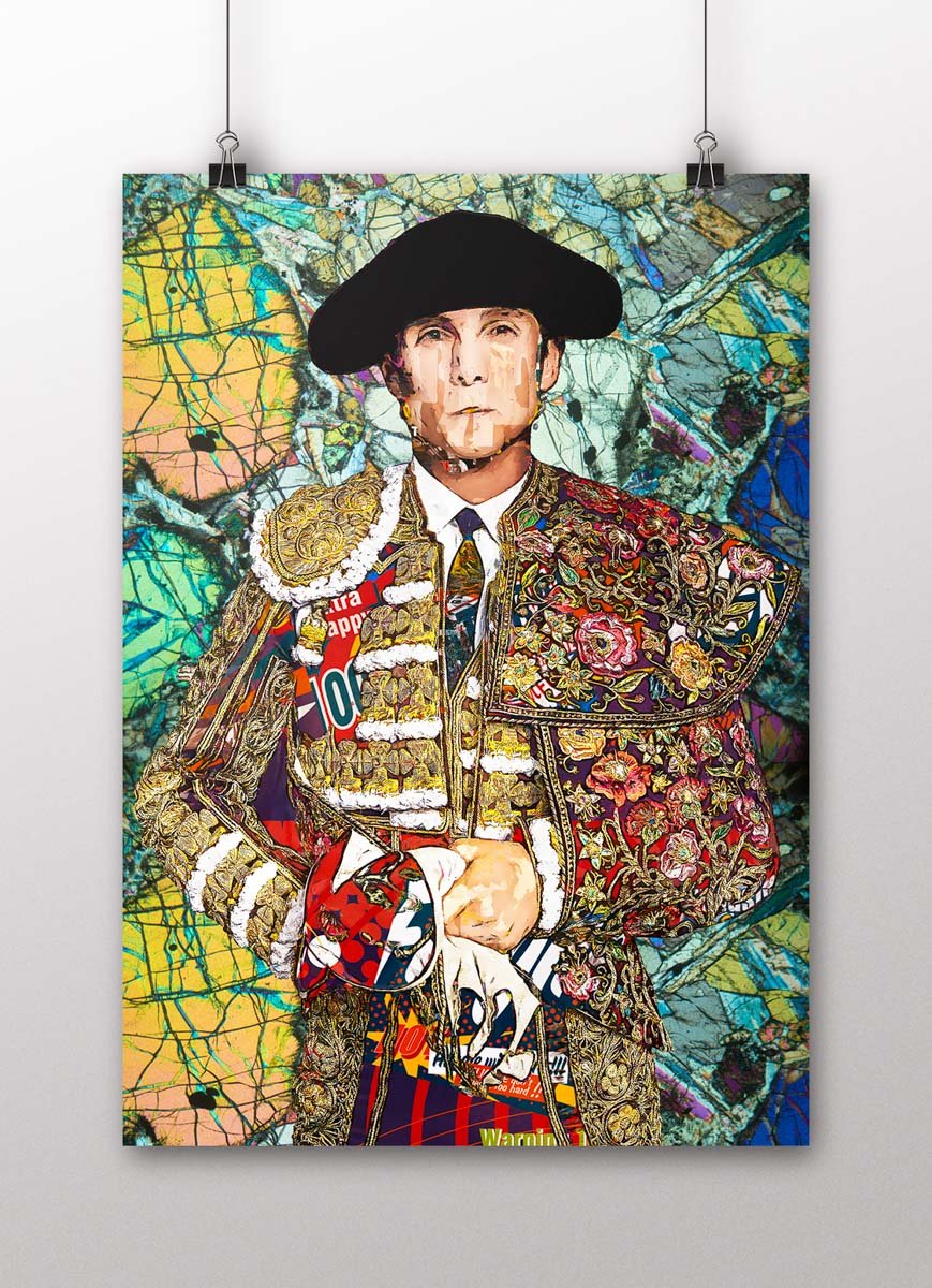 Póster vertical de Sebastián Castella con traje taurino bordado sobre un fondo abstracto de líneas y colores, arte taurino poster
