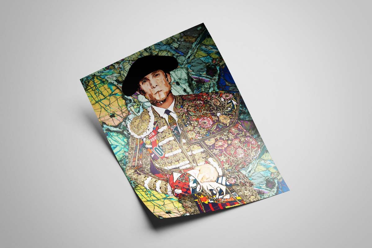 Póster vertical de Sebastián Castella con traje taurino bordado sobre un fondo abstracto de líneas y colores.