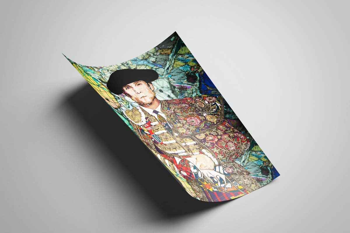 Póster vertical de Sebastián Castella con traje taurino bordado sobre un fondo abstracto de líneas y colores.