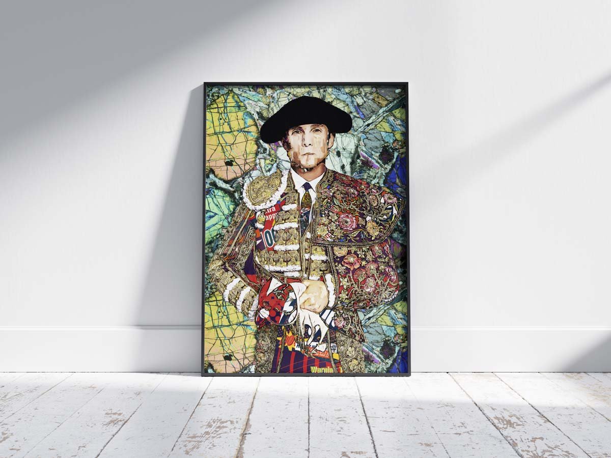 Póster vertical de Sebastián Castella con traje taurino bordado sobre un fondo abstracto de líneas y colores, arte taurino poster