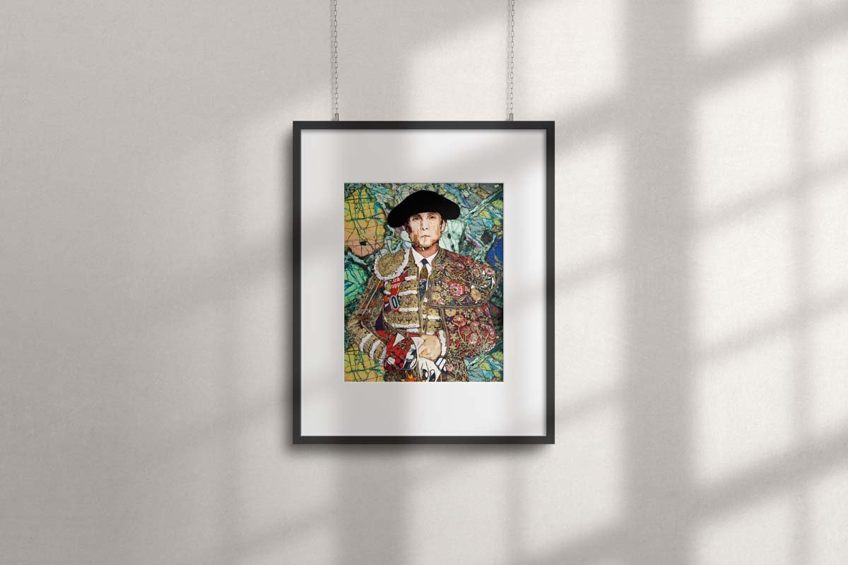 Póster vertical de Sebastián Castella con traje taurino bordado sobre un fondo abstracto de líneas y colores.
