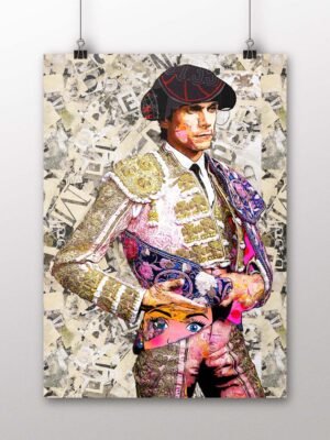 Póster vertical de Sebastián Castella con traje bordado y un rostro femenino de estilo pop parcialmente oculto, arte taurino poster