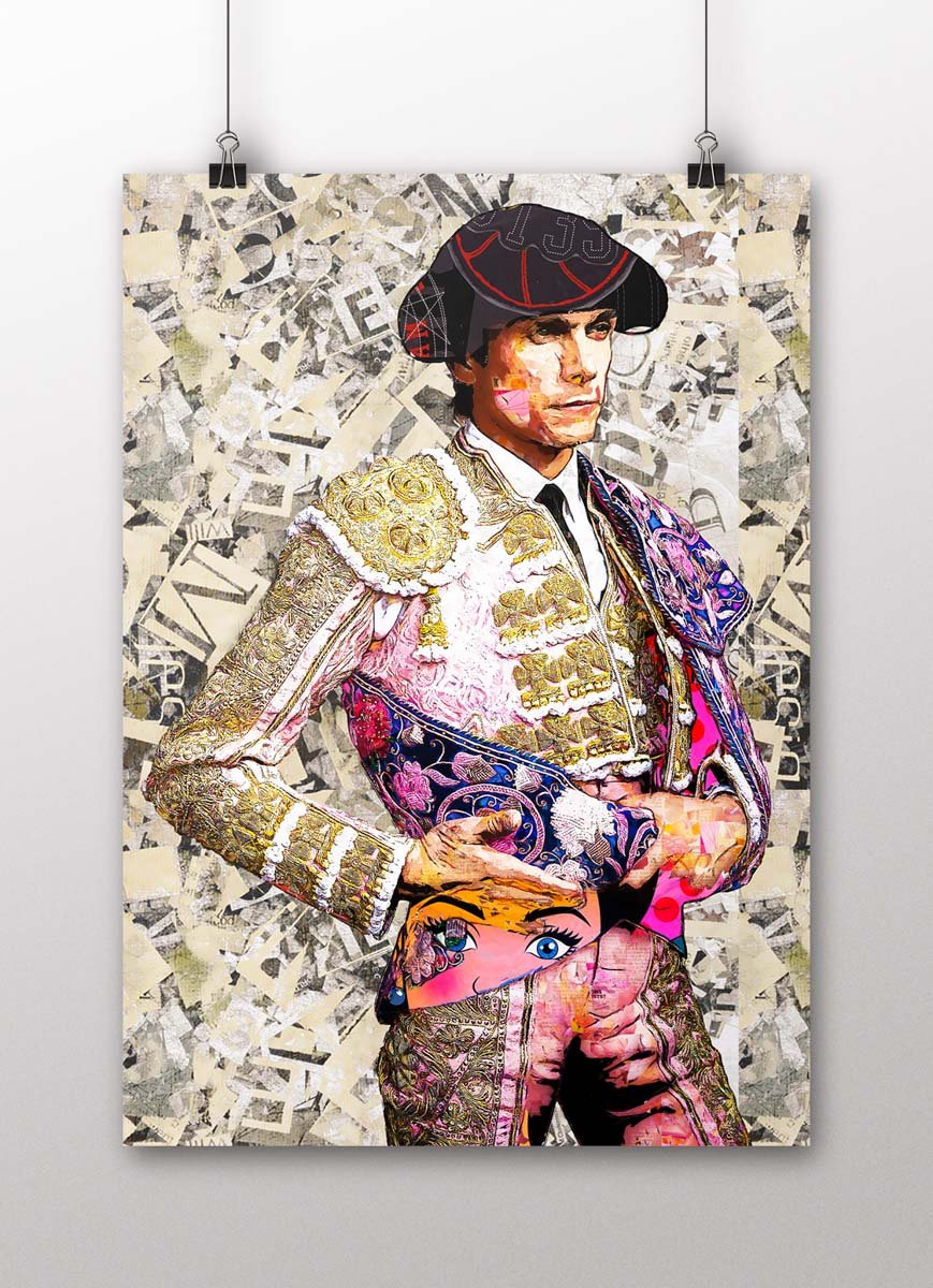 Póster vertical de Sebastián Castella con traje bordado y un rostro femenino de estilo pop parcialmente oculto, arte taurino poster
