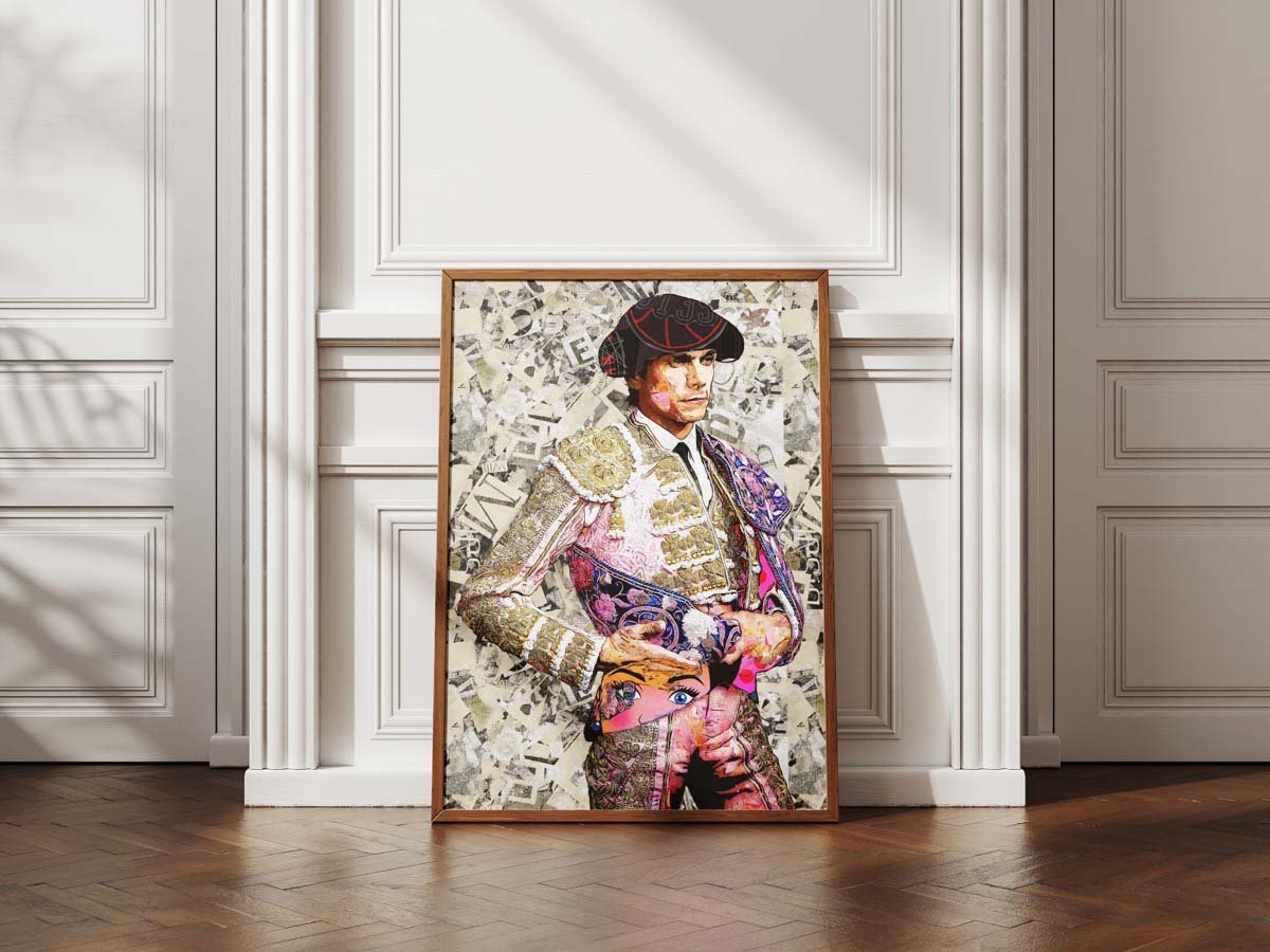 Póster vertical de Sebastián Castella con traje bordado y un rostro femenino de estilo pop parcialmente oculto, arte taurino poster