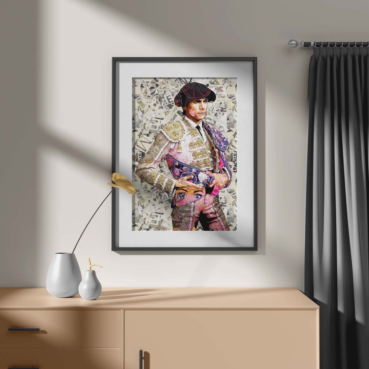 Póster vertical de Sebastián Castella con traje bordado y un rostro femenino de estilo pop parcialmente oculto.